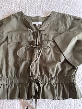 LOFT Olive Tie-Front Peplum Blouse